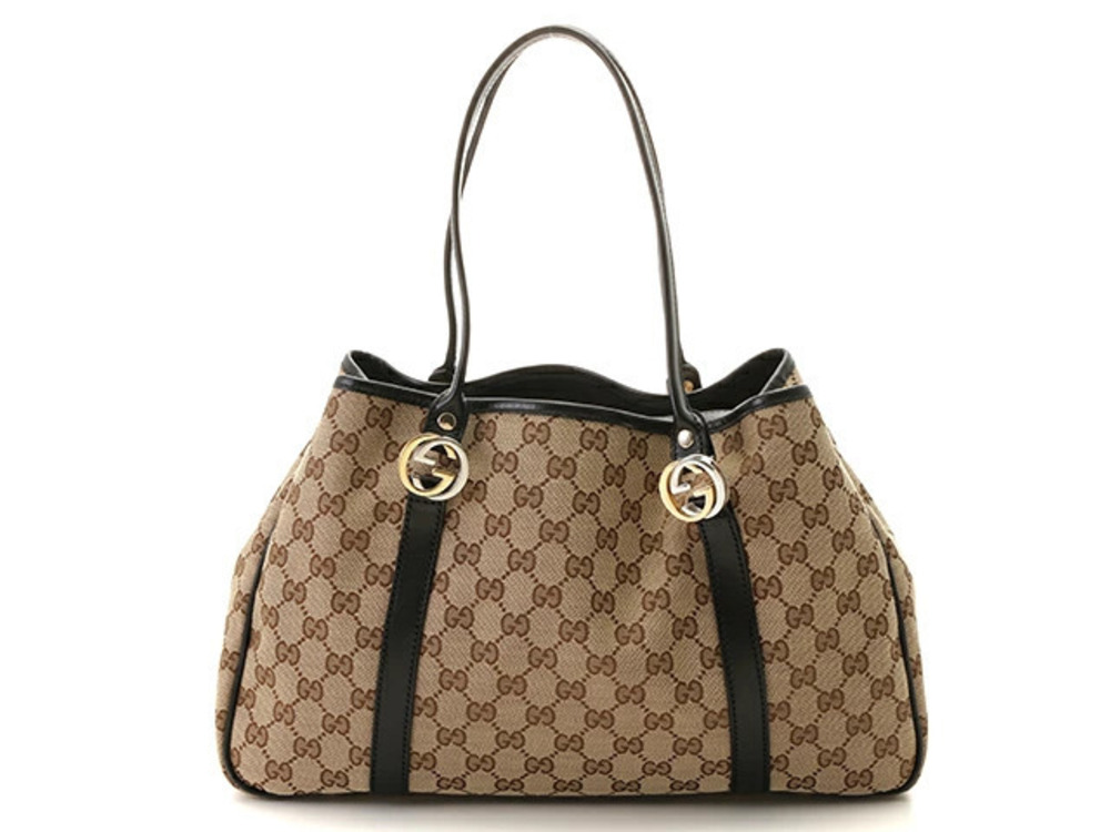 Gucci GG Twins Tote Bag Brown Black Canvas Leather
